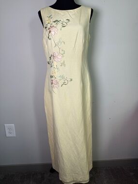 Jessica Howard Embroidered Floral Linen Maxi Dress Yellow Vintage Grandmacore 10